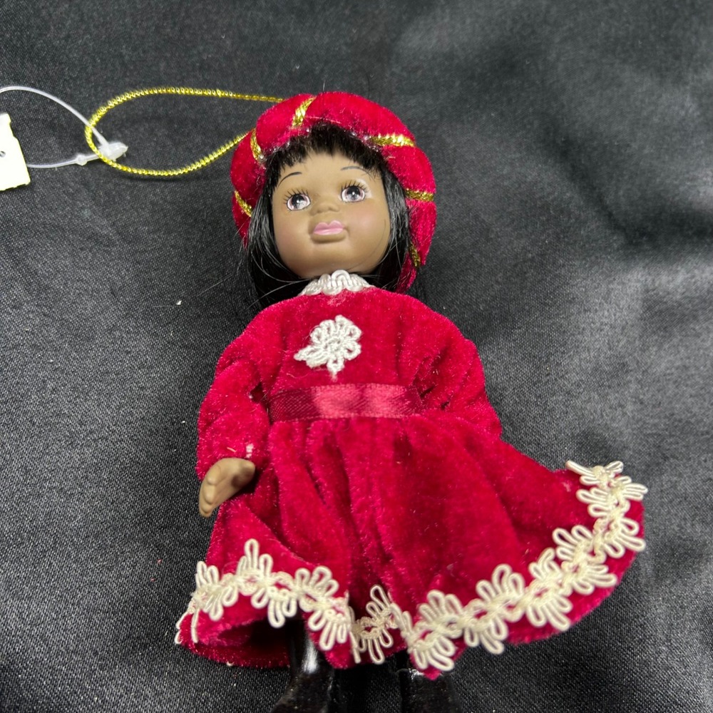Vintage African American Porcelain Doll Ornament Red Velvet Dress 6 inch Holiday
